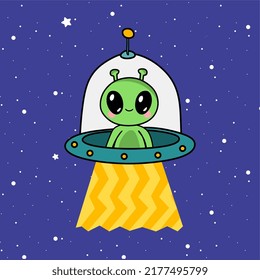 Cute Alien Flying With Spaceship Ufo Cartoon Vector Icon Illustration. Science Technology Icon Concept Isolated Premium Vector. Flat Cartoon Style