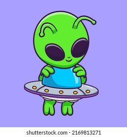 Cute Alien Flying With Ufo Cartoon Vector Icon Illustration. Science Technology Icon Concept Isolated Premium Vector. Flat Cartoon Style