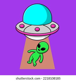 Alien Cute Volando Con Iconos Vectores De Caricatura De OVNI Ilustración. Concepto de caricatura plana. Adecuado para cualquier proyecto creativo.