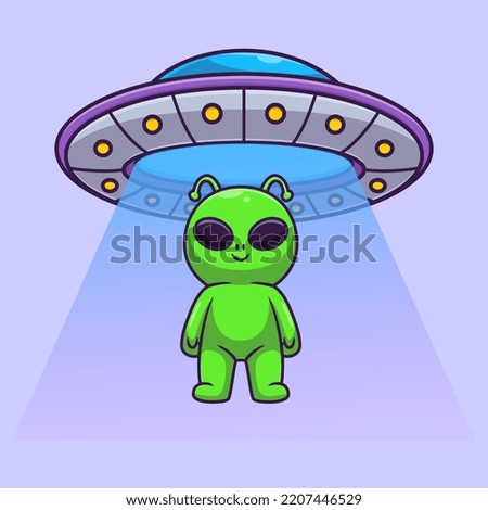 Cute Alien Flying With UFO Cartoon Vector Icon Illustration. Science Technology Icon Concept Isolated Premium Vector. Flat Cartoon Style