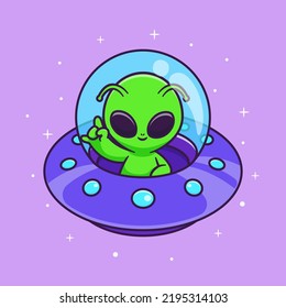 Cute Alien Flying With UFO In Space Cartoon Vector Icon Illustration Science Technology Icon Concept Isolated Premium Vector. Flat Cartoon Style