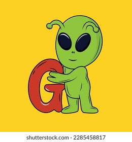 Cute Alien with G Letter Cartoon Sticker vector illustration