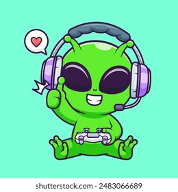 Cute Alien Gaming Cartoon Vector Icon Illustration. Science Technology Icon Concept Isolated Premium Vector. Flat Cartoon Style