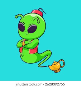 Cute Alien Genie In Lamp Cartoon Vector Icon Illustration. Science Holiday Icon Concept Isolated Premium Vector. Flat Cartoon Style