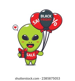 cute alien with gifts and balloons in black friday sale cartoon vector illustration