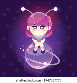 Cute Alien Girl Sitting On Bubble Planet