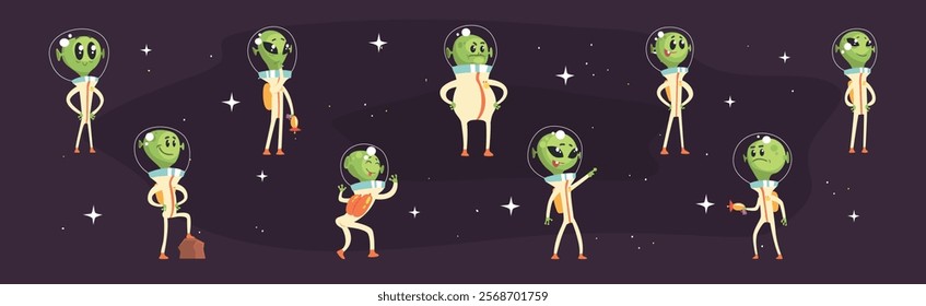 Cute Alien Green Character In Space Suit Vector Set