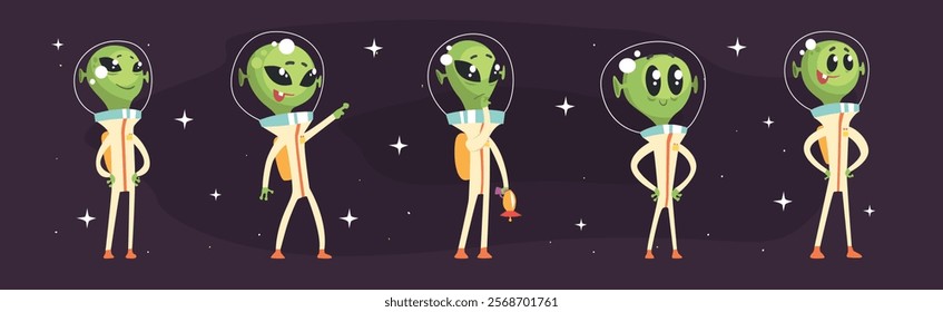 Cute Alien Green Character In Space Suit Vector Set