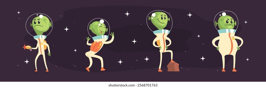 Cute Alien Green Character In Space Suit Vector Set