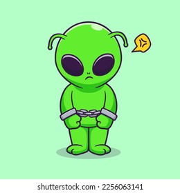 Cute Alien In Handcuffs Cartoon Vector Icon Illustration. Science Technology Icon Concept Isolated Premium Vector. Flat Cartoon Style