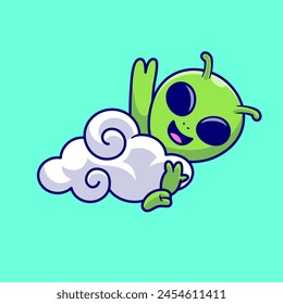 Cute Alien Hanging On Cloud Cartoon Vector Icon Illustration. Science Technology Icon Concept Isolated Premium Vector. Flat Cartoon Style