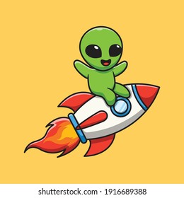 Cute alien happy sit on a rocket cartoon illustration