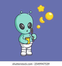Cute alien have fun blowing soap bubbles Cartoon Vector Icon Illustration. Scene playing Icon Concept Isolated Premium Vector