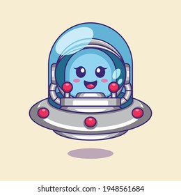 Cute alien head inside the astronaut helmet with ufo illustration