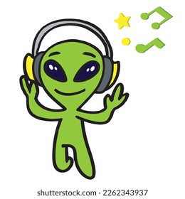 cute alien hearing songs in headset, Colorful simple drawing design isolated on white background. 