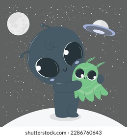 Cute alien holding another alien cartoon illustration. Space Alien Set UFO Monster Tentacle Spacecraft Invaders vector illustration.