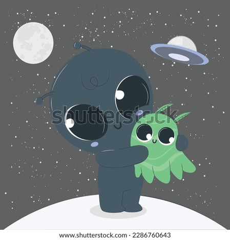 Cute alien holding another alien cartoon illustration. Space Alien Set UFO Monster Tentacle Spacecraft Invaders vector illustration.