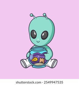 Cute alien holding an aquarium with a fish Cartoon Vector Icon Illustration. Scene marine life Icon Concept Isolated Premium Vector