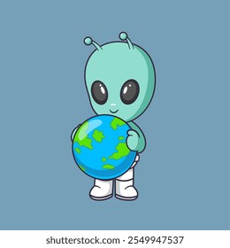 Cute alien holding big globe Cartoon Vector Icon Illustration. Scene planets Icon Concept Isolated Premium Vector