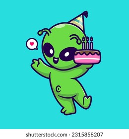 Cute Alien Holding Birthday Cake Cartoon Vector Icon Illustration. Science Food Icon Concept Isolated Premium Vector. Flat Cartoon Style