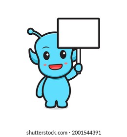 Cute alien holding blank board cartoon vector icon illustration.Design isolated. Flat cartoon style.