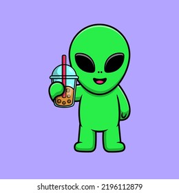 Cute Alien Holding Boba Milk Tea Cartoon Vector Icon Illustration. Flat Cartoon Concept