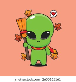 Vassoura de detenção alienígena bonito no dia de outono desenho animado vetor ilustração