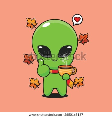 Cute alien holding holding a cup of coffee in autumn day cartoon vector illustration