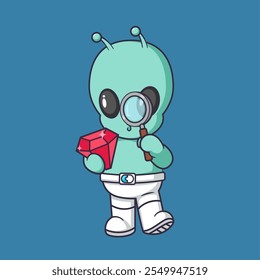 Cute alien holding diamond with magnifying glass Cartoon Vector Icon Illustration. Scene business Icon Concept Isolated Premium Vector