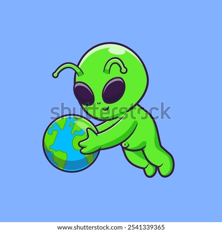 Cute Alien Holding Earth World Globe Planet Cartoon Vector 
Icon Illustration. Science Technology Icon Concept Isolated 
Premium Vector. Flat Cartoon Style