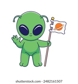 Cute alien holding flag Cartoon Vector