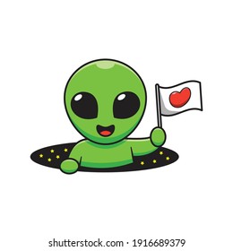 Cute alien holding flag in space hole cartoon illustration