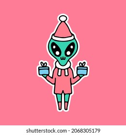 cute alien holding gift box and celebrate Christmas. cartoon for sticker.