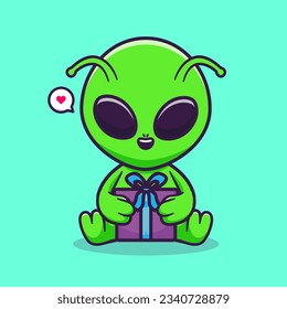 Cute Alien Holding Gift Box Cartoon Vector Icon Illustration. Science Holiday Icon Concept Isolated Premium Vector. Flat Cartoon Style