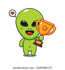 cute alien holding gold trophy cup cartoon vector illustration.