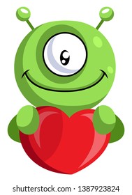 Cute alien holding heart illustration vector on white background