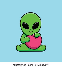 Cute Alien Holding Heart Love Cartoon Vector Icon Illustration. Science Holiday Icon Concept Isolated Premium Vector.