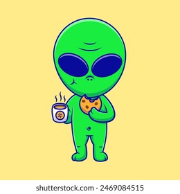 Cute Alien Holding Hot Coffee Cup And Cookies Cartoon Vector Icons Illustration. Flat Cartoon Concept. Suitable for any creative project.