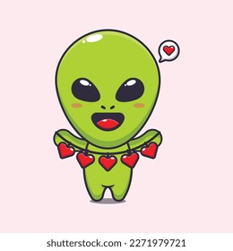 Cute alien holding love decoration cartoon vector Illustration.