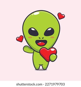 Cute alien holding love heart at valentine's day cartoon vector Illustration.