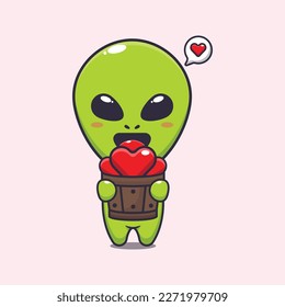 Cute alien holding love in wood bucket cartoon vector Illustration.
