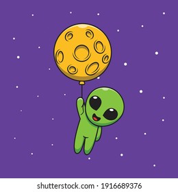 Cute Alien Holding Moon Balloon Cartoon Illustration