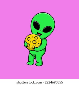 Cute Alien Holding Moon Cartoon Vector Icons Illustration. Flat Cartoon Concept. Suitable for any creative project.