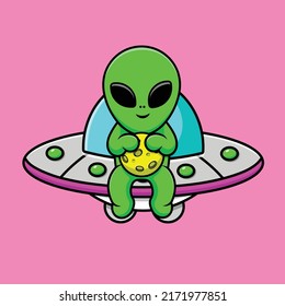 Cute Alien Holding Moon On Ufo Cartoon Vector Icon Illustration. Science Technology Icon Concept Isolated Premium Vector.