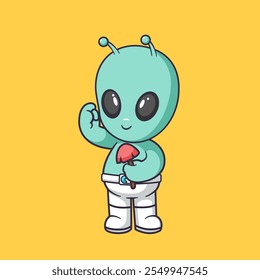 Cute alien is holding a mushroom and looks confused Cartoon Vector Icon Illustration. Scene scientist Icon Concept Isolated Premium Vector