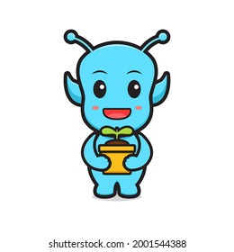 Cute alien holding plant cartoon vector icon illustration.Design isolated. Flat cartoon style.