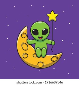 Cute Alien Holding Star Balloon Moon Cartoon Illustration