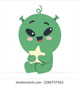 Cute alien holding star cartoon illustration. Monster alien creature character object flat vector. Alien on alien planet. UFO concept.