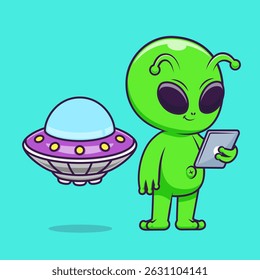 Cute Alien Holding Tablet With Ufo Cartoon Vector Icon Illustration. Science Technology Icon Concept Isolated Premium Vector. Flat Cartoon Style