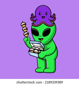 Cute Alien Holding Takoyaki With Octopus Cartoon Vector Icon Illustration. Animal Food Flat Cartoon Concept